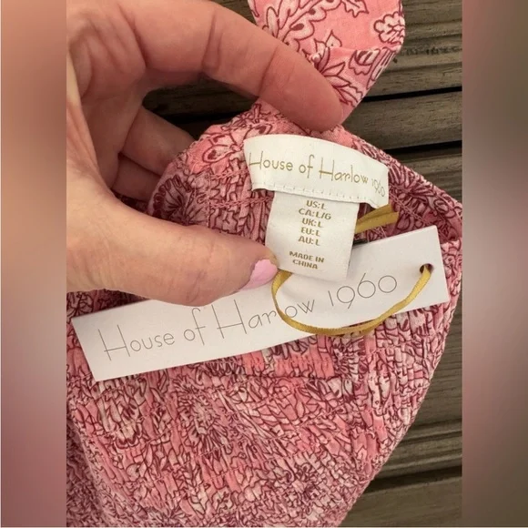 NEW House of Harlow 1960 Pink Floral Smocked Crop Top NWT White Tie Back Cotton - Picture 7 of 10